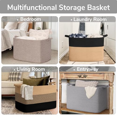 Goodpick 105L Extra Large Blanket Basket 25" x 16" x 16" Cotton Rope Storage Bins for Dirty Clothes, Rectangle Woven Laundry Basket for Living Room Bedroom, Toy Storage Baskets for Kids, Gray - color: Grey, size: XX-Large(25"L x 16"W x 16"H)