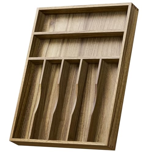 Kiasthome Acacia Wood Silverware Drawer Organizer, Kitchen Utensil Cutlery Drawer Organizer with Grooved Dividers, Flatware Organizer Silverware Tray Holder for Spoon, Fork, 13''x16.9'' (7 Slots) - size: 7 Slots