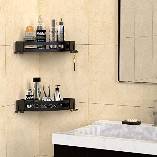 Bakzon Corner Shower Caddy, Shower Shelf Corner No Drilling Bathroom Shower Organizer Storage Rack Adhesive with Razor Holder, 2 Pack, Black - color: Black