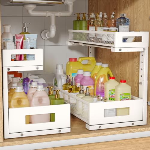 2 Pack 19IN Depth Under Sink Storage Organizer, Large 2-Tier Elegant Mesh Pull Out Shelf for Kitchen and Bathroom Cabinet Organization, L-Shaped and Adjustable Height Design-White - color: White, size: 2 Pack-19"Dx11.4"-16.14"H