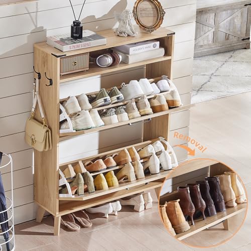 Joaxswe Shoe Cabinet Storage for Entryway with 2 Flip Drawers 2 Hook Open Storage Layer Rack Narrow Organizer Slim Hidden Wood Shoe Cabinet Furniture Natural - color: Natural