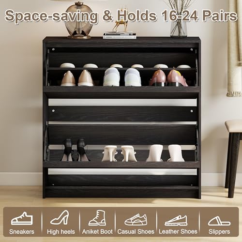 Shoe Cabinet with 2 Flip Drawers, Modern Narrow Shoe Storage Cabinet Organizer with Adjustable Shelf, Hidden Freestanding Shoe Rack for Entryway, Hallway, Living Room, Black - color: Black, size: 9.45"D x 31.5"W x 31.5"H(2 drawers)