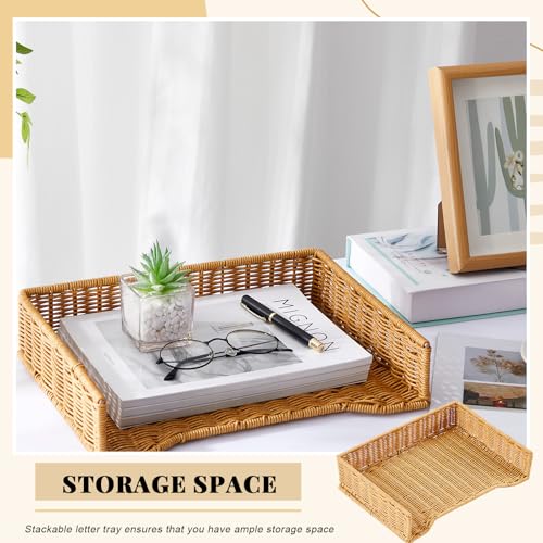 Yeaqee 2 Pcs Paper Tray Organizer for Desk Woven Letter File Organizer A4 File Tray Desk Paper Basket Letter Size Imitation Rattan Holder Organization Rack for Office Storage(Brown,Wheat Ear Pattern) - style: Wheat Stripes