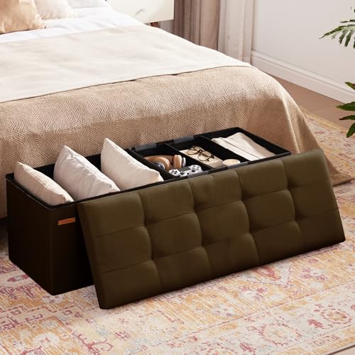 HAUSFRAU Storage Ottoman Bench with Flipping Lid, 43.3 Inches Storage Chest Footsrest, Folding Foot Stool for Entryway, Living Room, Bedroom, Linen Espresso Brown - color: Espresso, size: 15"D x 43.5"W x 15"H