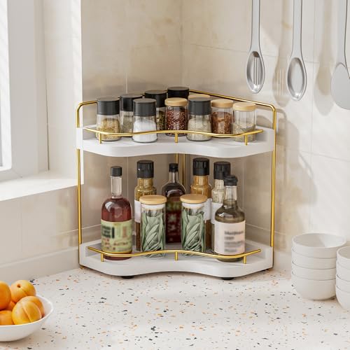 2-Tier Corner Bathroom Counter Organizer with Embedded Screw Holes, Secure & Stable Wood Vanity Shelf for Makeup and Skincare Essentials - Space Saving Bathroom Countertop Storage, White Gold - color: White Gold
