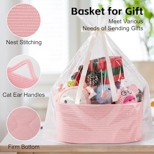 OIAHOMY 19L Woven Basket, Gift Basket Empty with Gift Bags and Ribbons, Rope Baskets for Baby Showers, Storage Baskets with Handles for Nursery, Pet Toy Organizer - Pink - color: Pink, size: Large: 15.35L*11.42W*6.7H