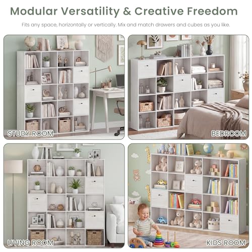 20 Cube Organizer Shelf, White Bookshelf with 3 Fabric Storage Bins, Storage Book Shelf Set, Freestanding Bookcase Bundle for Bedroom Living Room, Office Cubicle Storage Rack Set of 2, Display Rack - color: Washed White, size: 20 Cube (2PC)