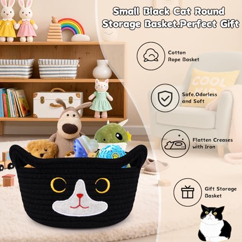 Cat Basket for Nursery, Small Storage Basket, Black Woven Rope Cotton Storage, Baby Blanket Bin with Cat Ears Handles, Animal Blanket Towel Halloween Decor Storage Bins, 8.2" x 4.7" IN - color: Black White, size: 9 × 5 inches