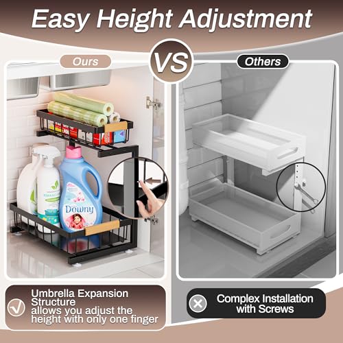 ADBIU Under Sink Organizer, 2 Pack 2 Tier Expandable Height (13.2" - 17.2") Pull out Kitchen Bathroom Cabinet Organizers and Storage Shelf - color: Black, size: Large Size