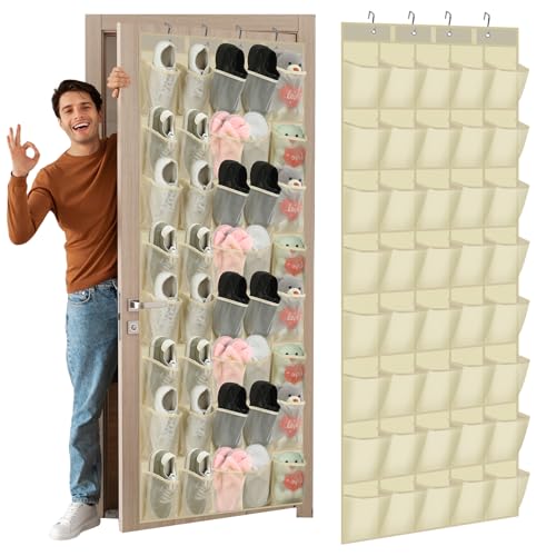 Windyun 40 Over the Door Shoe Organizer Large Breathable Mesh Pockets Hanging Shoe Rack for Closet Beige Behind Door Hanger Storage Holder Nonslip Hooks for Women Men Entryway Bedroom Utility Room - color: Beige