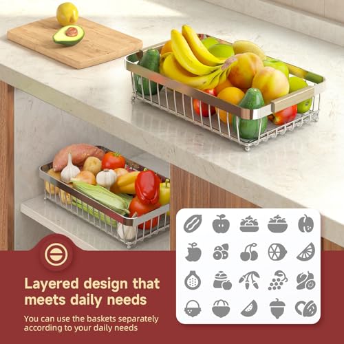 Sevenblue 2 Tier Large Fruit Basket for Kitchen Counter with 2 Mobile Banana Hangers, 2026 Pro Detachable Metal Fruit Bowl with Wooden Handle (Silver, 2 Tier) - color: Silver, size: 2 Tier