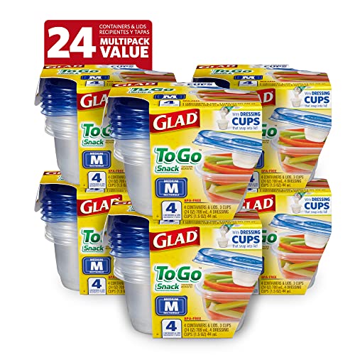 Glad GladWare To Go Snack Food Storage Containers with Lids, Medium Rectangle BPA Free Plastic with Built-In Dressing Cup for Salads and Snacks, Microwave Dishwasher Safe, 24 Oz, 4 Count - 6 Pack - size: 24 oz - 24 Count, style: Rectangle