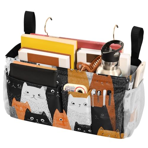 Bedside Caddy Hanging Bunk Bed Caddy Bed Organizer Hanging Pocket with 2 Hooks Bedside Storage Organizer Pocket Bag Holder Black and White Orange Cat - color: Black and White Orange Cat