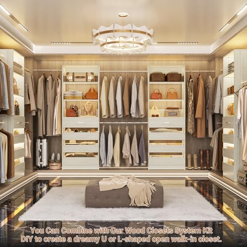 Aheaplus Closet System, 6-15Ft Closet Organizer with 8 Wooden Drawers, Wood Closet Organizer System with Tower, Walk-in Closet Organizer Wardrobe Garment Clothes Rack with 4 Hanging Rods, White Oak - color: White Oak