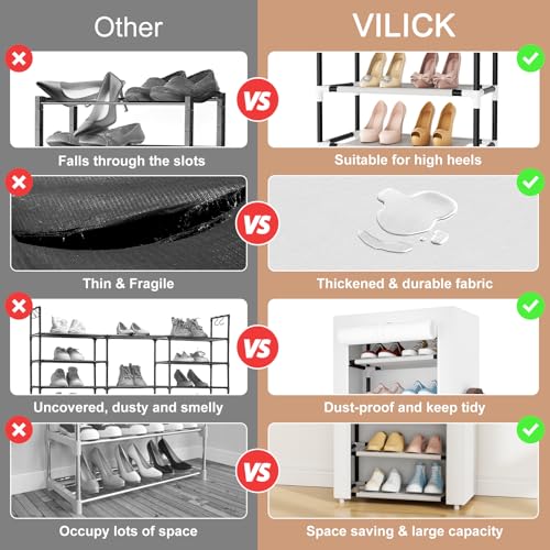 VILICK Shoe Rack with Cover Narrow Shoe Rack Organizer with 4 Side Pockets 10 Tier Tall Shoe Storage Shoe Shelf Holds 18-22 Pairs Shoes and Boots Shoe Rack for Closet, White - color: White, size: 10 Tiers-17.7" Wide