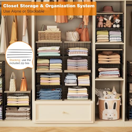 2 Pack Extra-Long, Low-Profile Closet Organizers and Storage with Wood Top, 4 Tier Stackable Closet Shelf Organizer, Space-Saving Clothes Storage Bin for Wardrobe & Small Spaces, Sturdy (Black) - color: BLACK, size: 4-tier:15.74"L x 12"W x 17.32"H