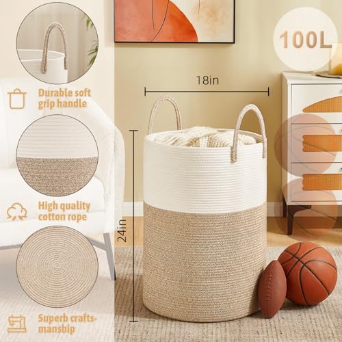 Artfeel Laundry Basket,Woven Cotton Rope Laundry Hamper,100L for Decorative Storage of Dirty Clothes,Toys and Blankets in Bathroom,Baby Room and Living Room - color: Brown, size: 100L