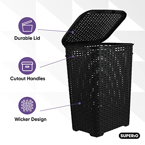 Plastic Laundry Hamper with Lid 3 Pack Laundry Hamper Basket, Black Tall Cloths Hamper Organizer with Cut-out Handles. Space Saving for Laundry Room Bedroom Bathroom, Wicker Design 60 Liter - color: Black, size: 3-pack