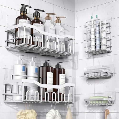 EUDELE 5-Pack Rustproof Stainless Steel Shower Caddy – No Drill Adhesive Bathroom Organizer with Large Capacity, Spacious Shower Shelves for Inside Shower, Kitchen & Home Decor Storage-XL Size - color: White