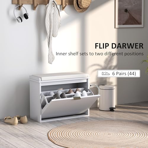 HOMCOM Narrow Shoe Bench with Padded Cushion, Shoe Cabinet with Flip-Drawer and Adjustable Shelf, Small Entryway Bench Holds up to 265lb, 24.4x10.2x18.7 Inches, White - color: White, size: 24.4" x 10.2" x 18.7"