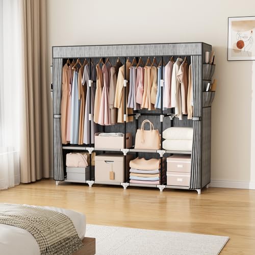 VTRIN Portable Closet for Hanging Clothes 67 Inch Wide Large Capacity Portable Wardrobe Closet with Cover, 4 Storage Shelves and 4 Hanging Rod Sturdy Free Standing Closet for Bedroom, Printing - color: Printing, size: 4 Row - 67'' Wide