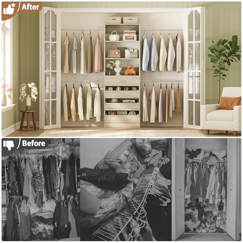 Aheaplus Closet System, 4-9Ft Closet Organizer with 4 Wooden Drawers, Wood Closet Organizer System with Tower, Walk-in Closet Organizer Wardrobe Garment Clothes Rack with 4 Hanging Rods, 2White Oak - color: White Oak