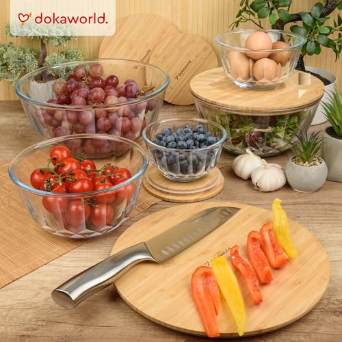 Large Stackable Set of 5 Nesting Glass Bowls with Bamboo Lids for Foodprep, Storage, Baking, Sourdough Mixing & Cooking. Microwave & Oven Safe Heat Resistant Inert Borosilicate Glass - color: 5 Mixing Bowls with Bamboo Lids (Diamond)