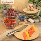 Large Stackable Set of 5 Nesting Glass Bowls with Bamboo Lids for Foodprep, Storage, Baking, Sourdough Mixing & Cooking. Microwave & Oven Safe Heat Resistant Inert Borosilicate Glass - color: 5 Mixing Bowls with Bamboo Lids (Diamond)