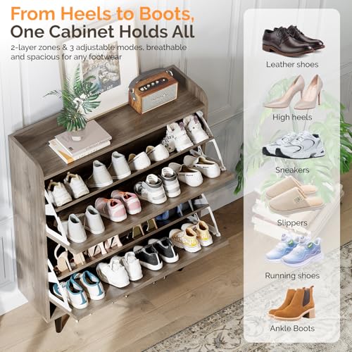 VINGLI Shoe Storage Cabinet for Entryway with 2 Flip Drawers, Ultra Slim Freestanding Entryway Shoe Organizer with Wood Tapered Legs,Hidden Closed Shoe Rack,31.6" W * 9.4" D * 39.4" H, Grey Oak - color: Rustic Grey Oak, size: 31.5"W 2 Drawers