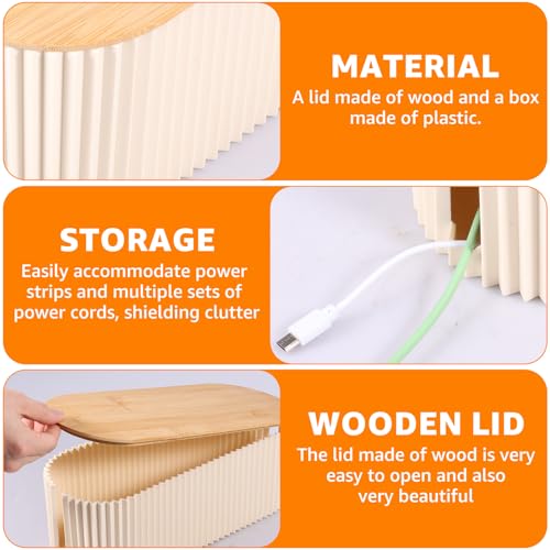 2Pcs Cable Management Box, 13 × 5.12 × 4.33 inch Plastic Cord Hider Box with Wood Lid, Hidden Storage Cord Organizer Box, Ample Internal Space Power Strips Cover Easy Access for Home Office