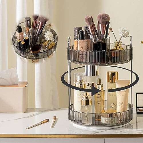 shuang qing Rotating Makeup Organizer for Vanity, High-Capacity Skincare Clear Make Up Storage Perfume Organizers Cosmetic Dresser Organizer Countertop 360 Spinning (Gray, New-2 Tier) - color: Gray, size: New-2 Tier