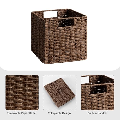 StorageWorks 9 inch Wicker Storage Cubes, Handwoven Wicker Baskets for Storage, Square Cube Organizer Bins, Foldable Paper Rope Basket for Organizing, Brown, 2 Pack - color: Brown, size: 9"L x 9"W x 9"H