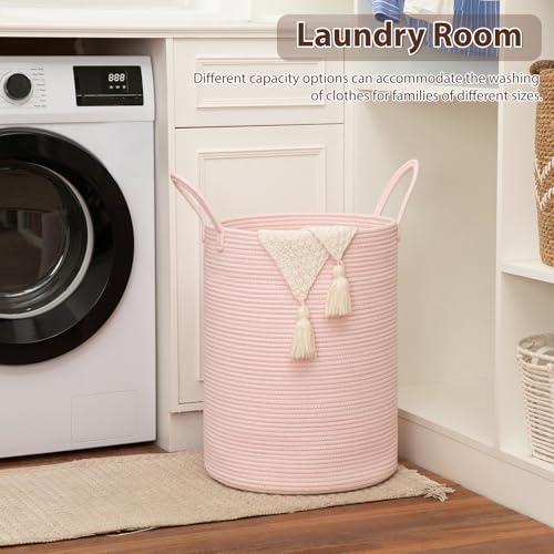 OIAHOMY Large Laundry Basket Hamper - 60L Cotton Rope Woven Basket for Blankets, Toys, Clothes - Tall Decorative Nursery Hamper with Long Handles, Pink - color: Pink, size: 60L