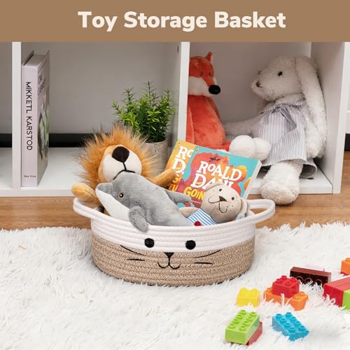 Cute Cat Toy Basket, Gift Baskets Empty for Home Decor, Soft Woven Basket for Living Room, Decorative Storage Baskets for Diaper Caddy, White & Brown, 9.8 x 4 inches - color: White & Brown, size: 9.8"W x 4"H