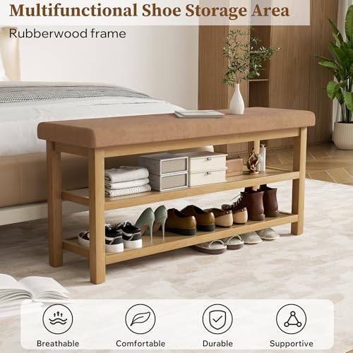 2 Tier Shoe Rack Bench with Cushion, Rubberwood Shoe Benches, Mid-Century Modern Shoe Storage Bench for Entryway, Hallway, Living Room, Closet, Front Door Entrance, Dark Brown - color: Dark Brown