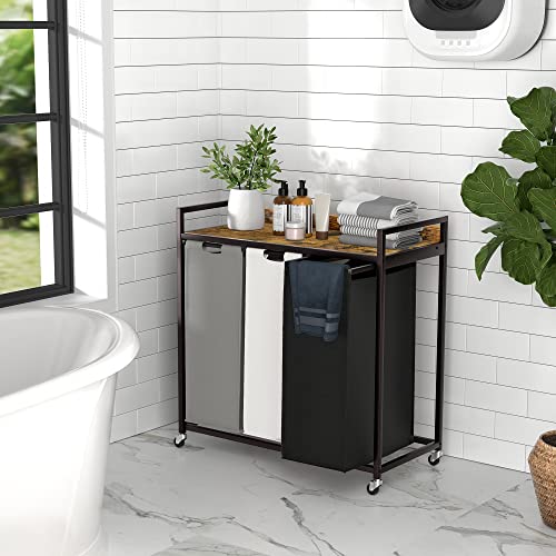 Herture Laundry Hampers with Shelf, Laundry Basket 3 Section, Laundry Sorter with Pull-Out Removable Large 3 Color Bags and Movable Wheels, Metal Frame, 3 x 15.87 Gallons (60L), Rustic Brown PF04XLN - color: Rustic Brown + 3-Color, size: 3 Bags-180 L