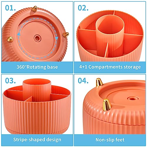 Marbrasse Desk Organizer, 360-Degree Rotating Pen Holder, Desk Organizers and Accessories with 5 Compartments Pencil Holder, Art Supply Storage Box Caddy for Office, Home（Orange） - color: Orange