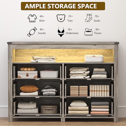 Dresser for Bedroom with 6 Drawers, Wide Chest of Drawers with LED Light and Power Outlet, Wooden Closet Organizer Clothes Storage Cabinet, Modern Double Dressers for Living Room, Hallway, Grey - color: Grey, size: 15.8"D x 47.2"W x 39.4"H (6 Drawers)