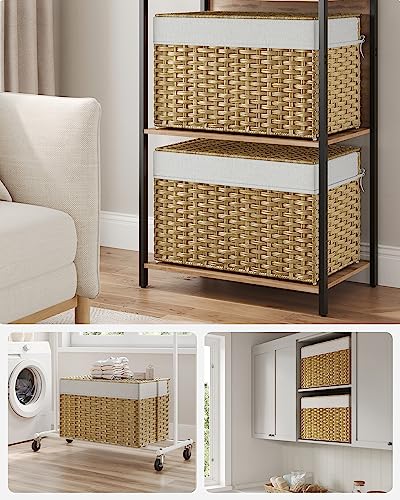 SONGMICS Storage Basket with Lid, Woven Blanket Storage Bin with Handles, Foldable, Removable Liner, Metal Frame, for Bedroom, Laundry Room, 27.7 Gallons (105 L), Natural URST066N01 - color: Natural, size: 105 L