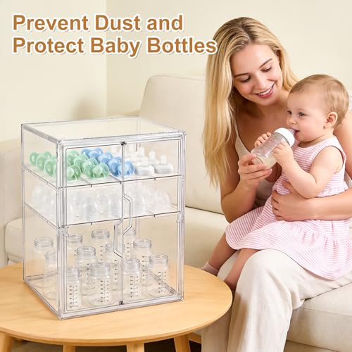 ERTIUANIO Baby Bottle Organizer – 3 Tier Acrylic Bottle Storage Organizer Container, Clear Plastic Bottle Station Organizers Drawers with Double Magnetic Doors for Countertop Kitchen Vanity, Bathroom - size: X-Large, style: 3-Tier Double-Door