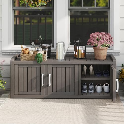 KAMABOKO Shoe Storage Cabinet Waterproof UV-Resistant, Entryway Storage Bench Indoor Outdoor with 3 Barn Doors, Adjustable Shelves for Entryway, Bedroom, Hallway,Living Room(Grey) - color: Grey, size: 3 Door
