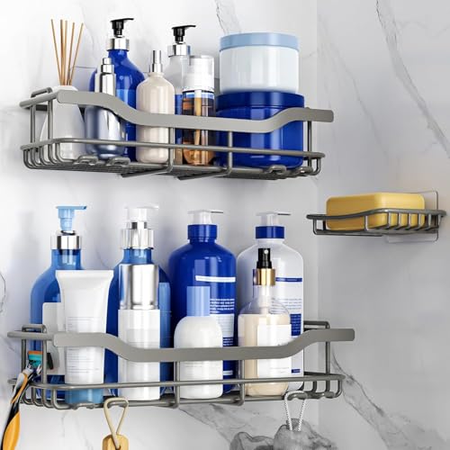 OMAIRA 3-Pack Shower Caddy with Soap Holder, Adhesive Rustproof No-drill Strudy Loading Inside Shower Organizer Shelves Rack Storage Bathroom Organization for Smooth Wall Glass Tile, Grey (X-Large) - color: 3PCS Grey - XX Large