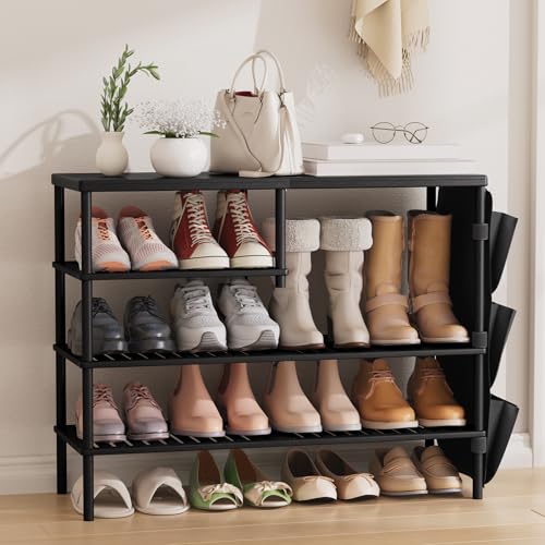 Bamboo Shoe Rack, 4 Tiers Shoe Organizer for Closet, Shoes Storage for 20-24 Pairs, Freestanding Shoe Shelf with Removable Pocket for Entryway Bedroom Front Door Dorm, Black - color: Black