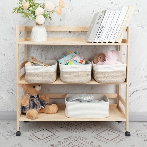 XUANGUO Small Woven Storage Baskets 12“X8”X5“ Decorative Rope Bins for Organizing Shelves, Closets, and Toys, Empty Gift Baskets, Cute Organizer Basket for Home and Office (white and brown regular) - color: white and brown, size: regular