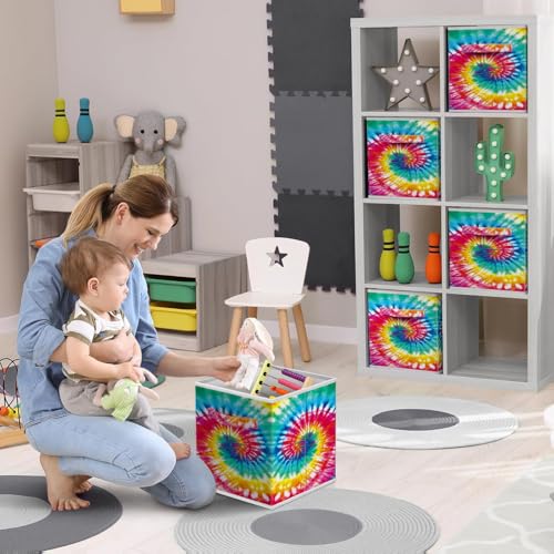 Sorbus 11 Inch Fabric Storage Cubes - Sturdy Collapsible Storage Bins & Handle - 6 Foldable Baskets for Organizing Clothes - Multi Colored Storage Baskets for Shelves (Dark Tie-dye, 11 Inch) - color: Dark Tie-dye, size: 11 Inch