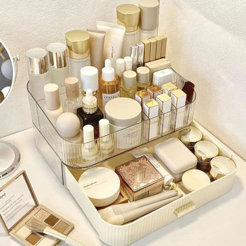 MIUOPUR Makeup Organizer with Stackable Drawers, Bathroom Vanity Organizers and Storage, Ideal for Desk and Dresser Countertops, Great for Cosmetics, Skincare, Lipsticks, Nail Care - Cream - color: Cream, size: Tray and Drawer