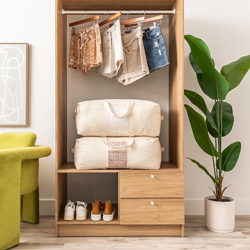 Soft Canvas Storage Bags with Zipper. Thick Breathable, 2pc King/Queen Comforter Organizer. Four Carrying Handles and Window. Large 25x19x9in Bag for Sheets Blankets Bedding Pillows, Clothes - color: Beige, size: 2 Pack