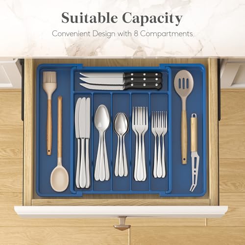 Lifewit Silverware Drawer Organizer, Expandable Utensil Tray for Kitchen, BPA Free Flatware and Cutlery Holder, Adjustable Plastic Storage for Spoons Forks Knives, 10.9"-17.5" x 13.7", Dark Blue - color: Dark Blue, size: Large (11-18''W x 14''D)
