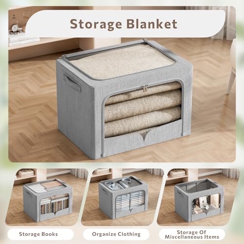 FHSQX 3 Pack Clothes Storage Bins Foldable Metal Frame Storage Box Extra Large Stackable Linen Fabric Organizer Set with Carrying Handles and Clear Window (Light Gray, 23.6x16.5x15.7inch(100L)) - color: Light Gray, size: 23.6x16.5x15.7inch(100L)