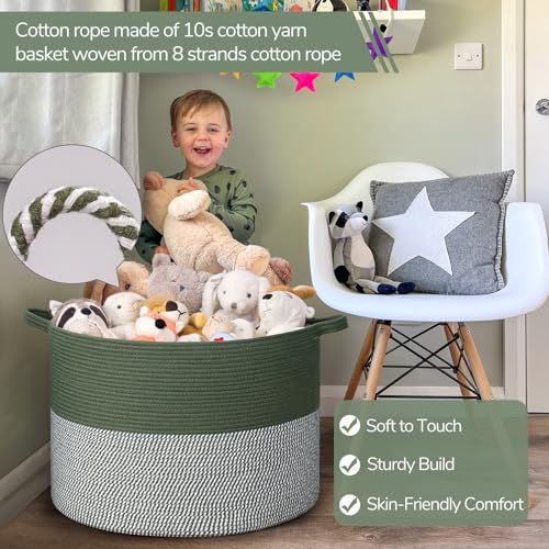 INDRESSME 115L Extra Large Cotton Rope Blanket Basket, Home Decor Laundry Storage Basket for Organizing Bedroom, Living Room, Nursery, Toy Storage for Colthes Towel, Green - color: Green & White, size: 23.6"D x 15.7"H